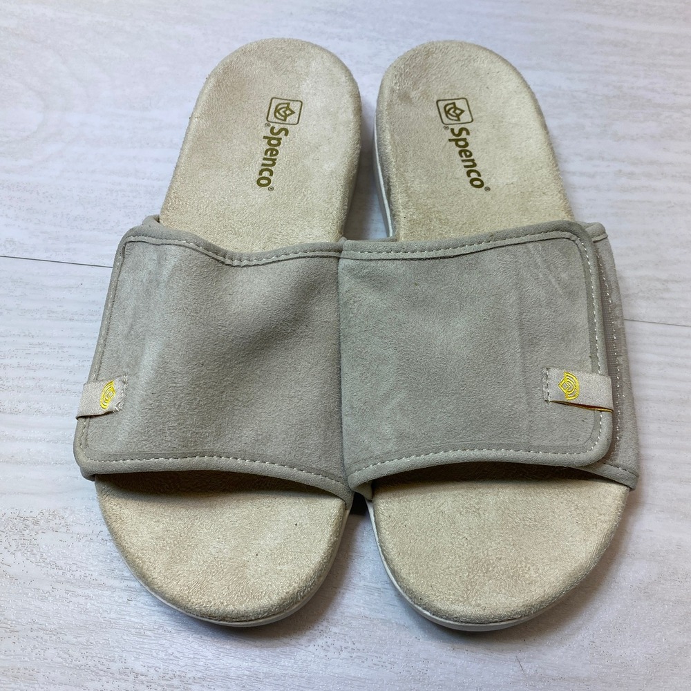 Spenco Womens 7.5B Slide Sandals Orthotic Suede Beige Leather Adjustable Strap